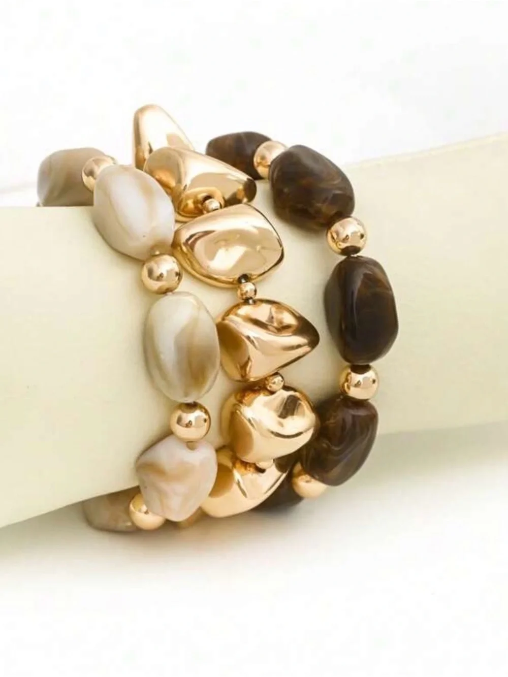 Three-Row vintage Stretch Bracelet Set in Cream, Brown & Gold Tones